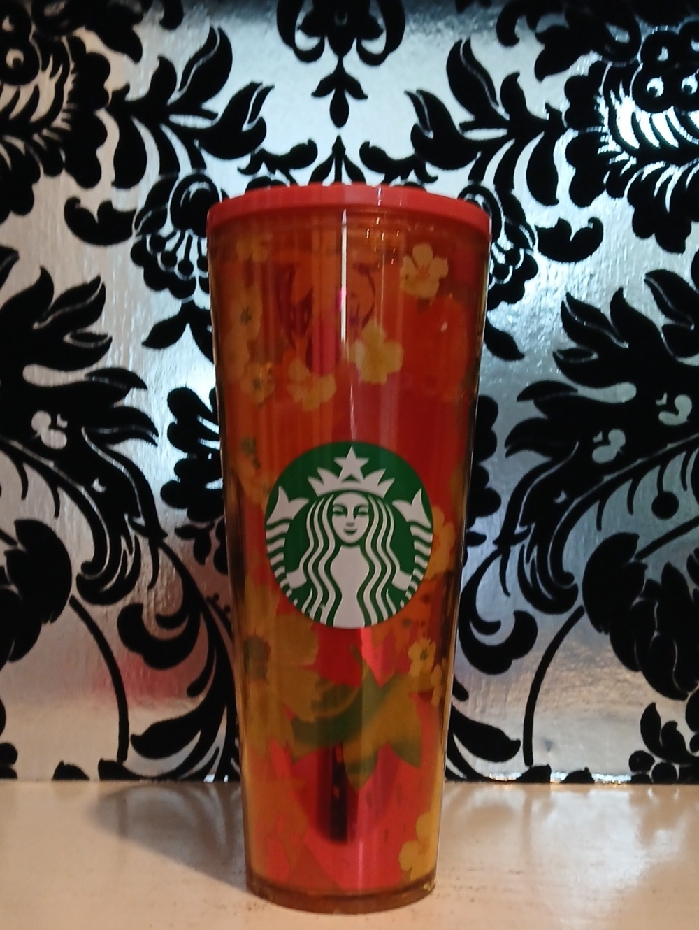 Starbucks red and green floral travel cup